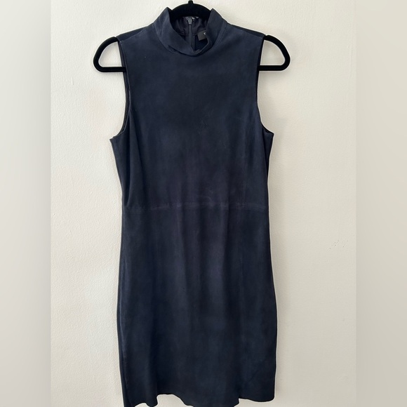 THEORY Eulia Tidle Suede Front Mock Neck Dress In Deep Navy - Picture 8 of 8